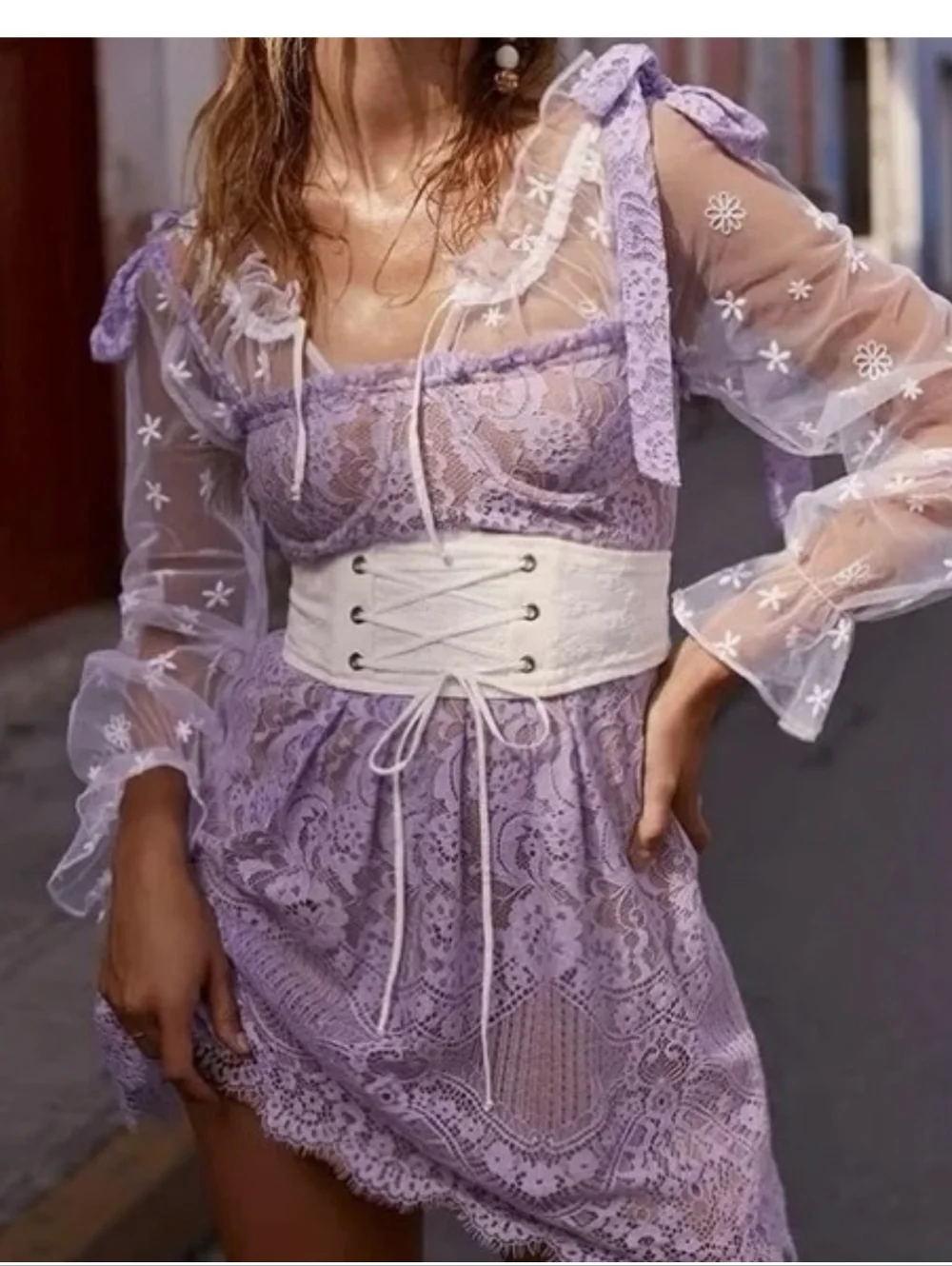 For Love & Lemons Valentina Lace Mini Dress Lavender XS - Picture 4 of 10